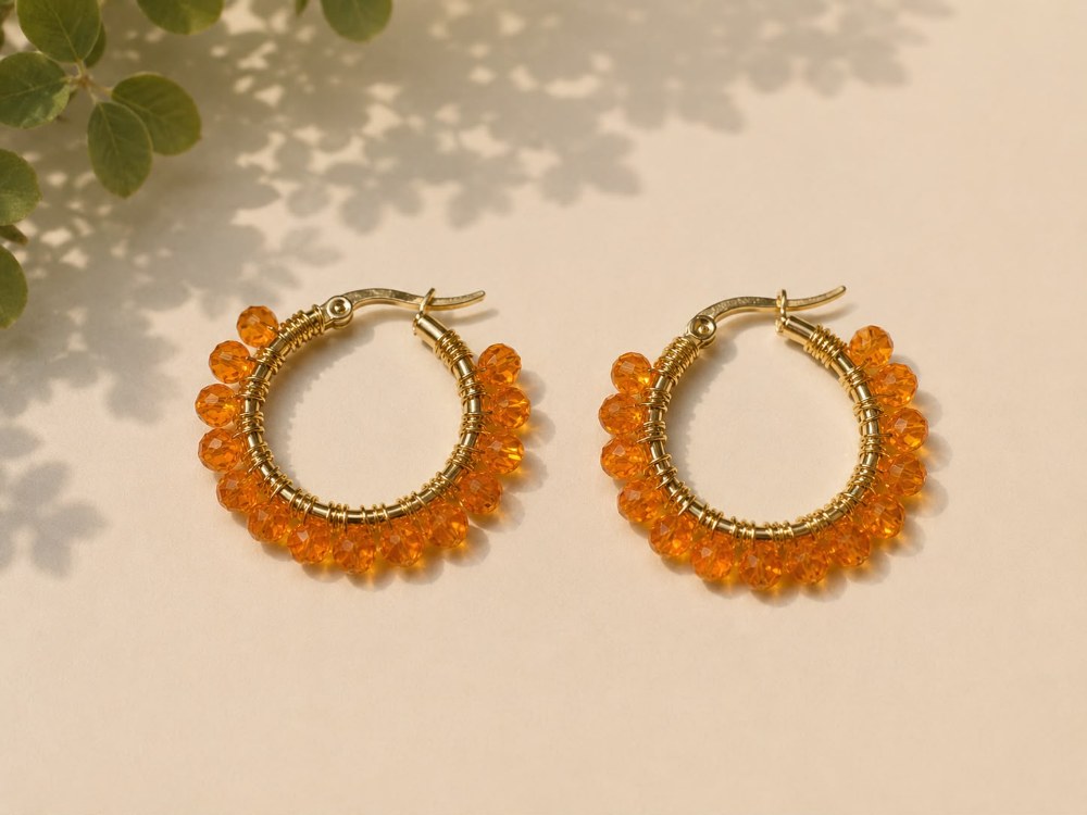Argollas Cristal Naranja, aros artesanales hechos a mano color naranjo – Karivé Joyas
