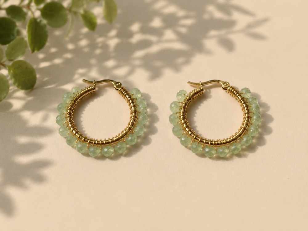 Argollas Cristal Jade Verde, aros artesanales hechos a mano color verde – Karivé Joyas