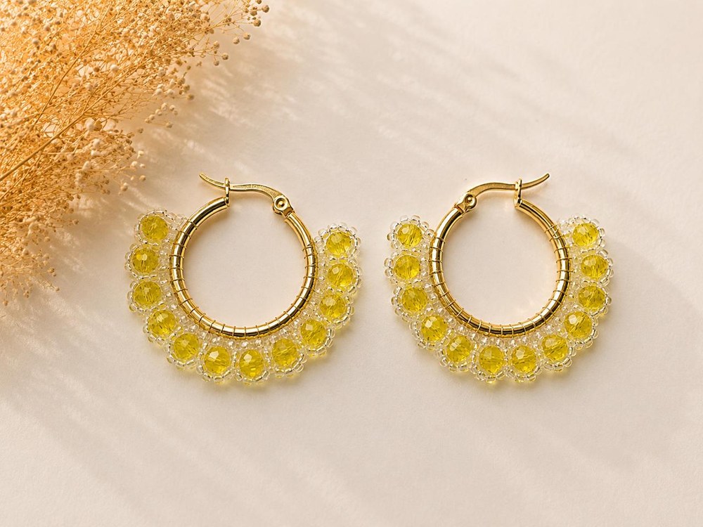 Argollas Cristal Amarillo, aros artesanales hechos a mano color amarillo – Karivé Joyas