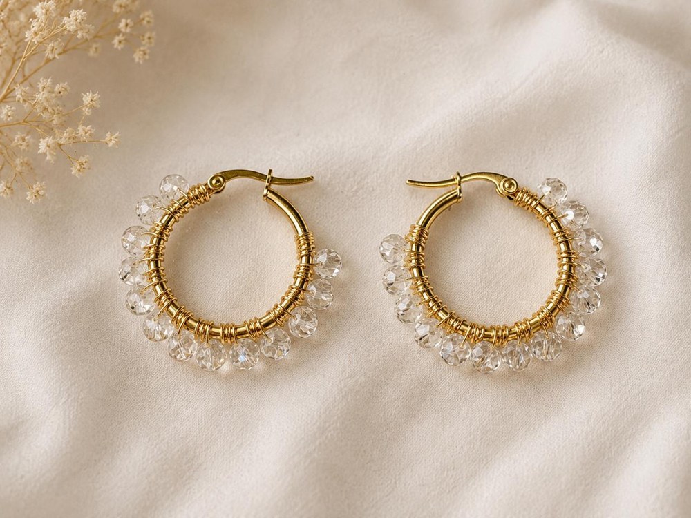 Argollas Cristal Transparente, aros artesanales hechos a mano color transparente – Karivé Joyas