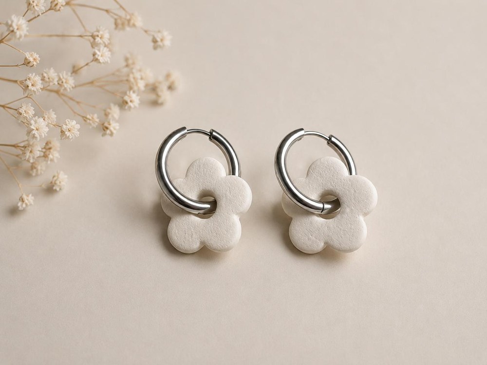 Charms Flor Blanca Dorado, aros artesanales hechos a mano color dorado – Karivé Joyas